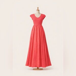 Coral Pink Maxi Dress with Smocked Bodice